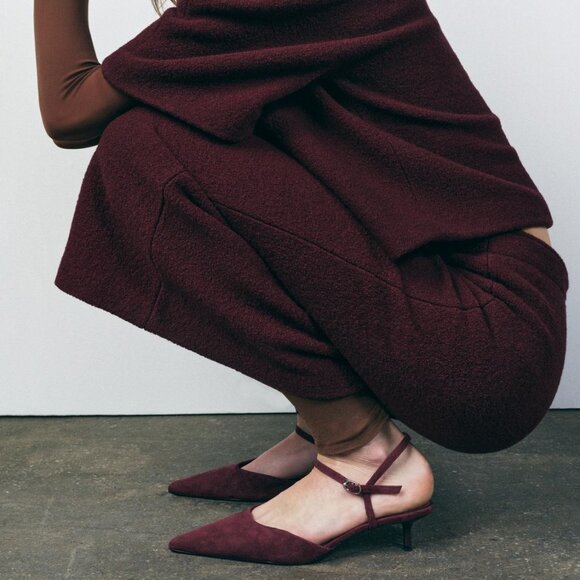 Zara NWT Burgundy Red Suede Leather Slingbacks Kitten Heel Shoes 1.6" Size 6 US - Picture 2 of 8